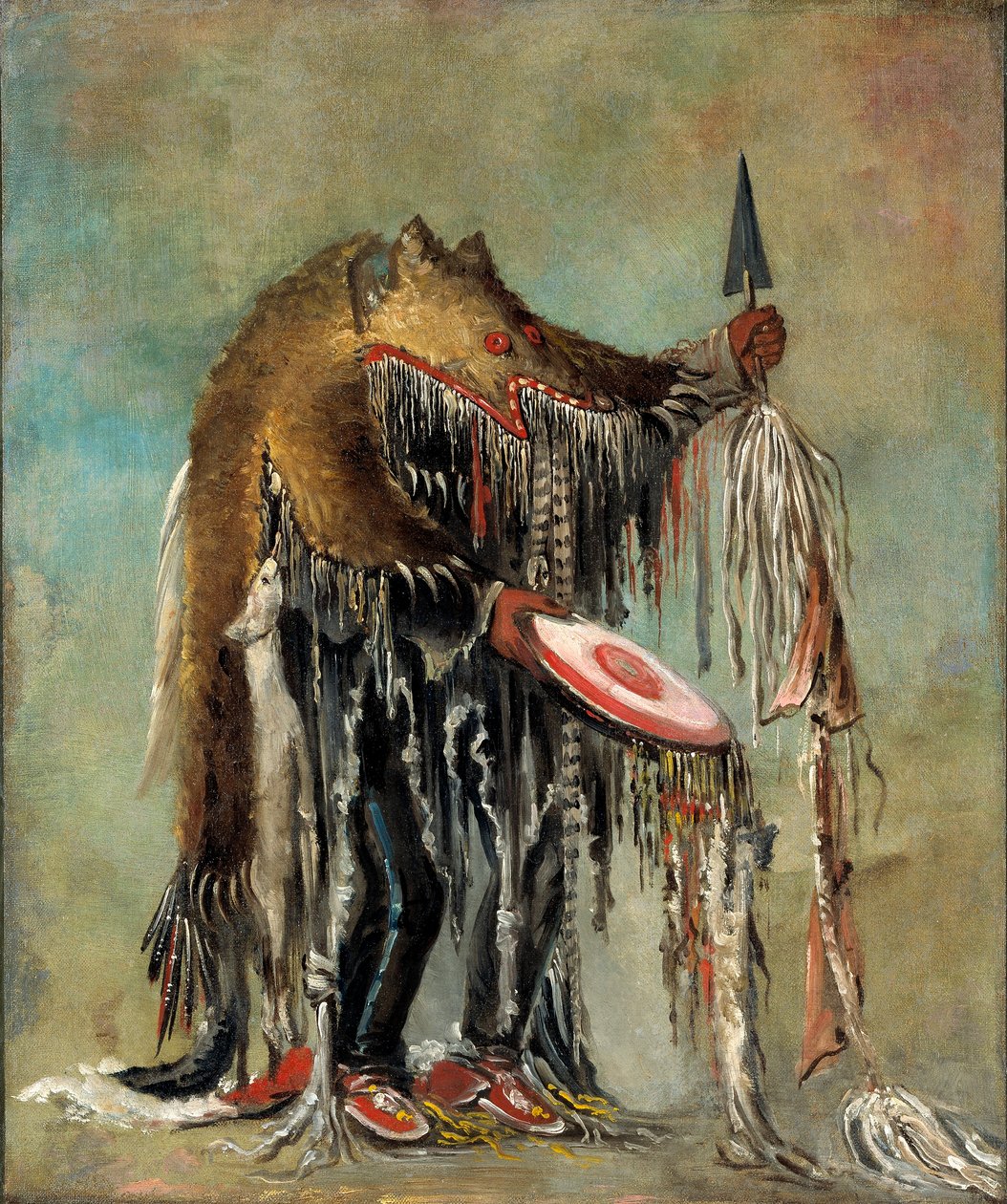 Medyk, wykonujący swoje misteria nad umierającym mężczyzną autorstwa George Catlin