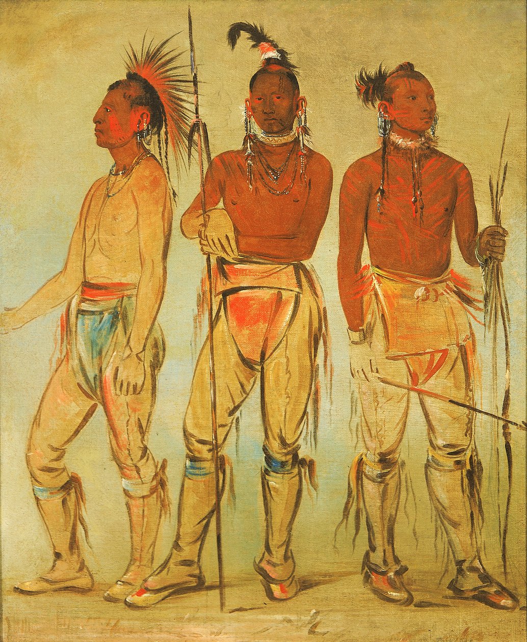 Mun-ne-pús-kee, ten, który się nie boi, Ko-ha-túnk-a, Big Crow i Nah-cóm-ee-shee..., 1834. autorstwa George Catlin