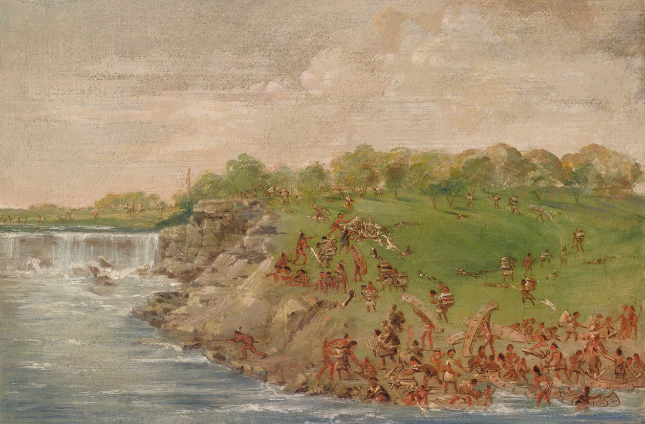 Ojibwa przemieszczający się wokół wodospadów St. Anthony autorstwa George Catlin
