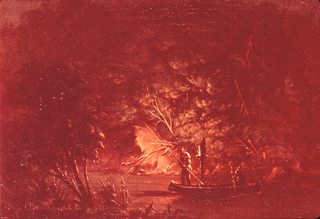 Ojibwe Spearing Salmon firmy Torchlight, 1846-1848. autorstwa George Catlin