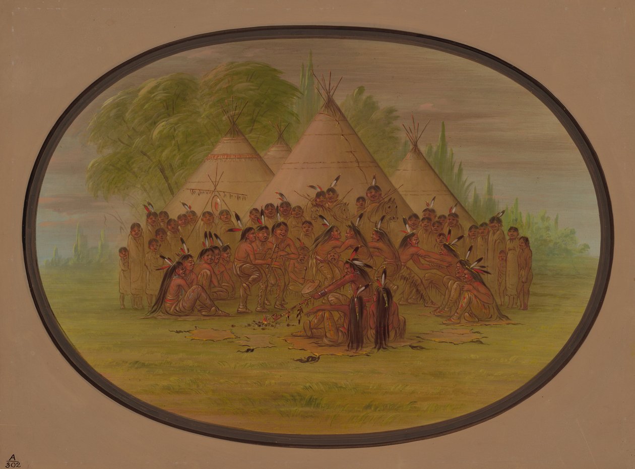 Taniec na rurze - Assinneboine, 18611869. autorstwa George Catlin