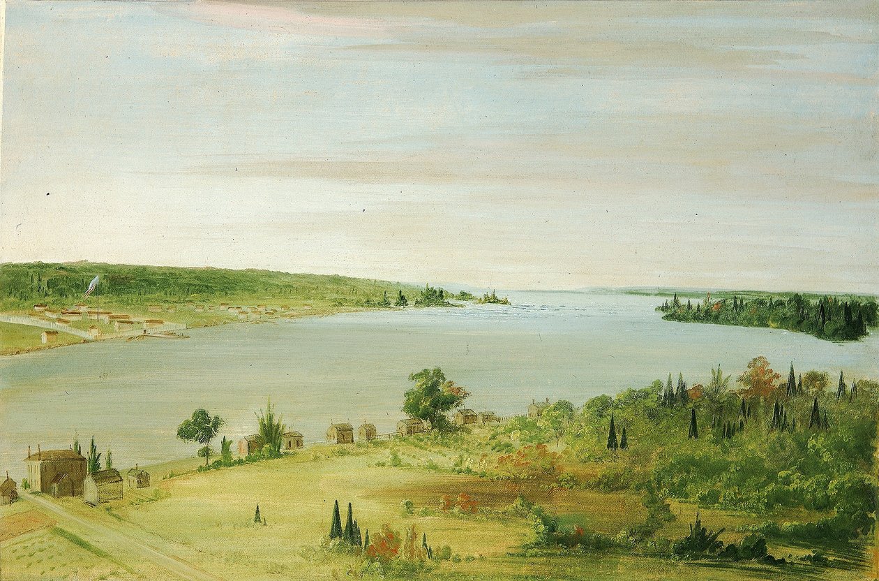 Sault Ste. Marie, z widocznym w oddali garnizonem Stanów Zjednoczonych autorstwa George Catlin