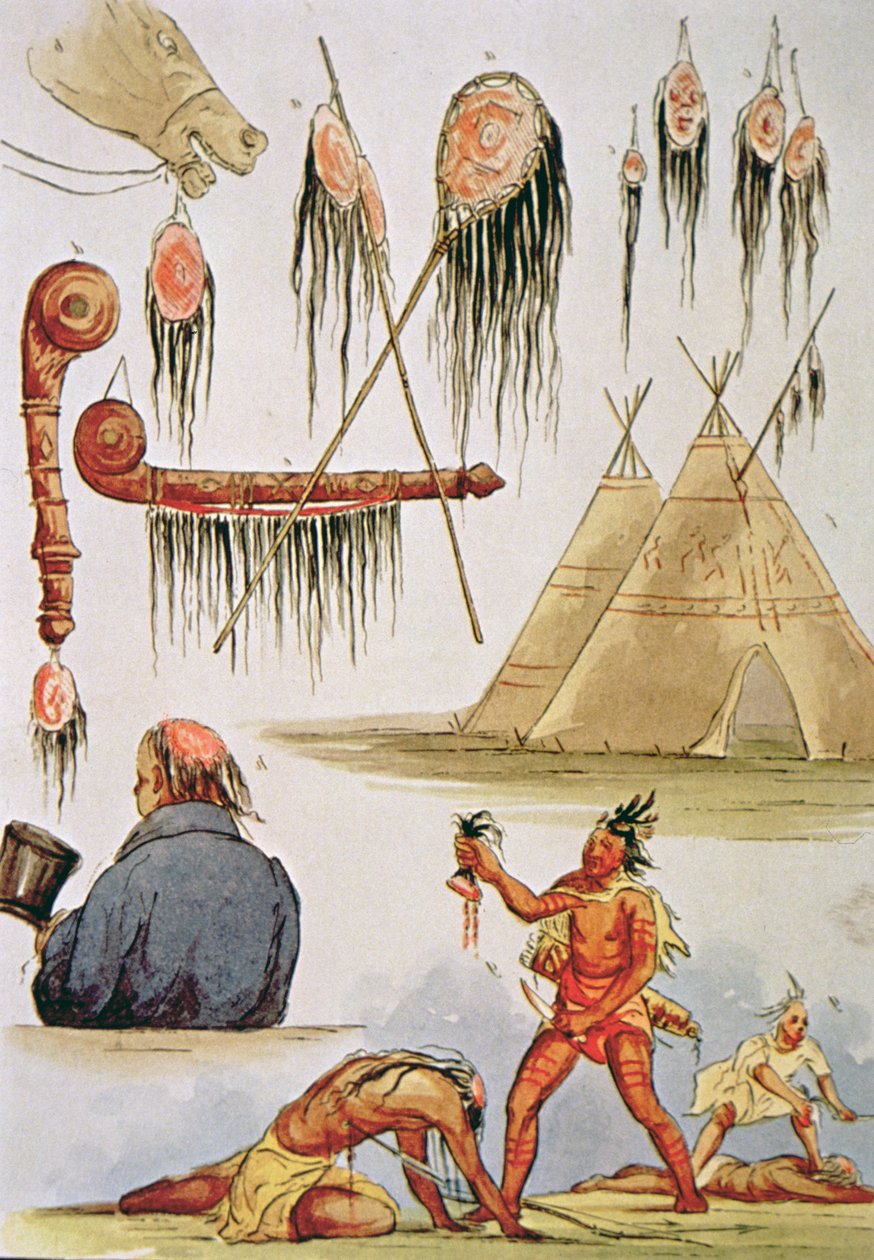 Skalpowanie i dekoracyjne zastosowanie skóry głowy (akwarela na papierze) autorstwa George Catlin