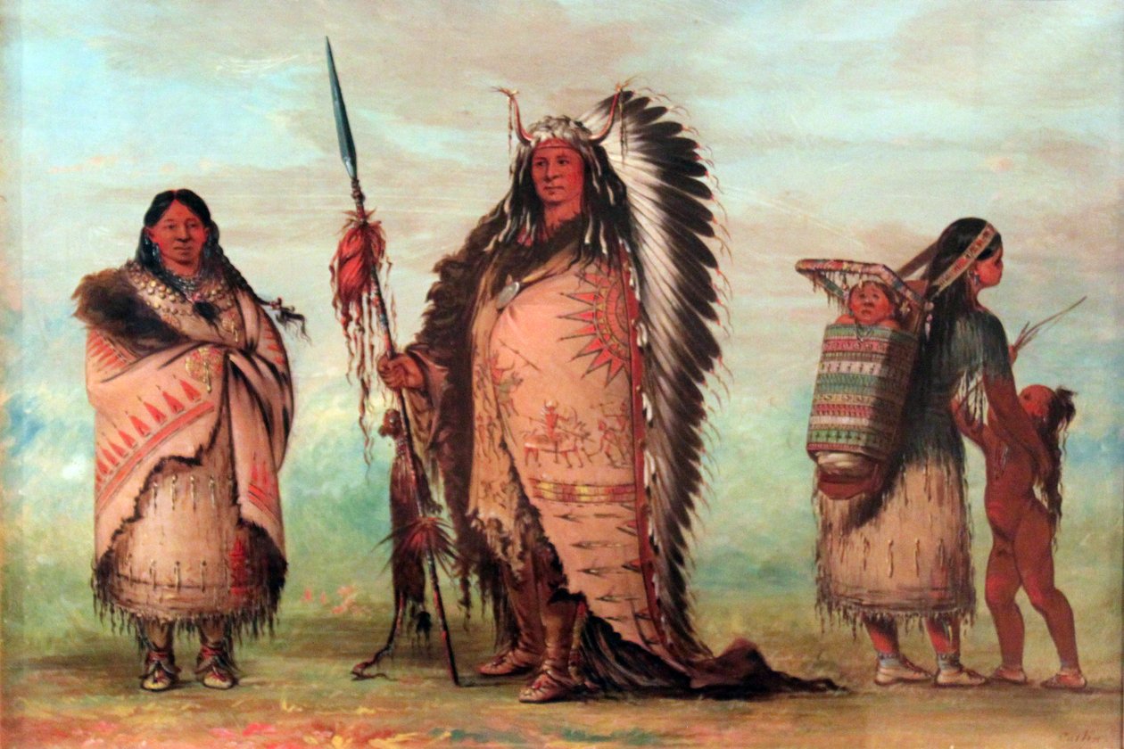 Siuksowie: Black Rock z rodziną. Wódz dumnie prezentuje swoje emblematy honorowe, w tym lancę ze skalpem. autorstwa George Catlin