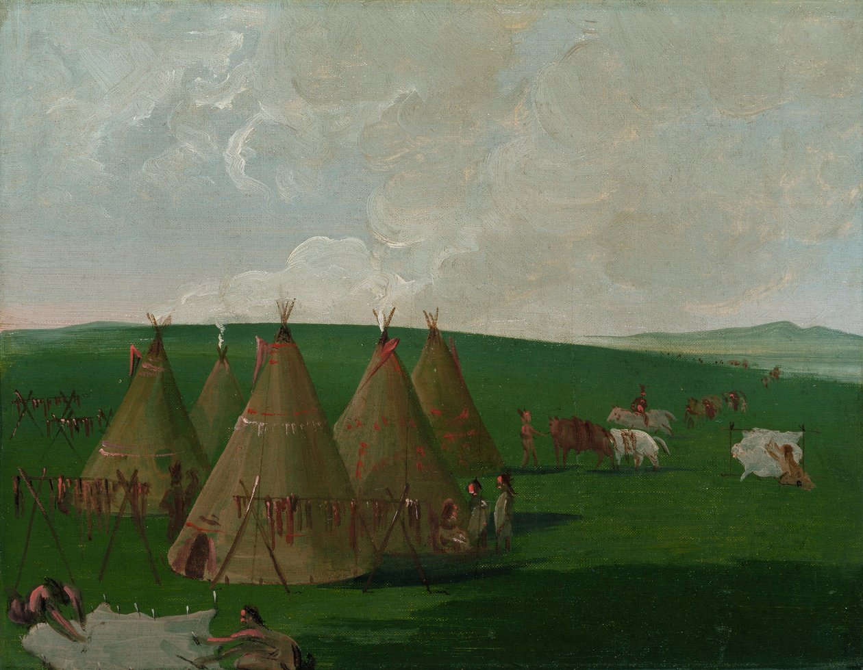 Siuksowie obozujący w Upper Missouri, ubierający mięso i szaty bizonów autorstwa George Catlin