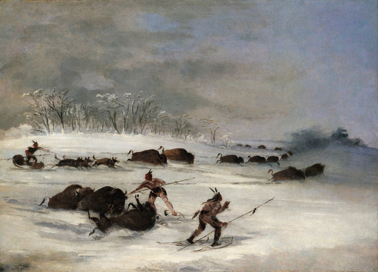Indianie Sioux na rakietach śnieżnych Lancing Buffalo autorstwa George Catlin