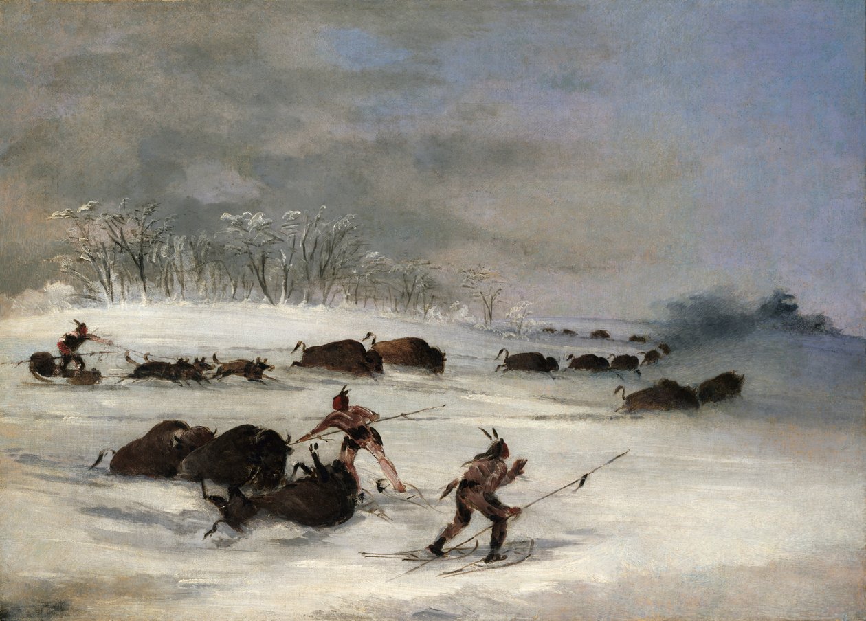 Indianie Siuksów na rakietach śnieżnych wbijających bawoły, 1846-1848. autorstwa George Catlin