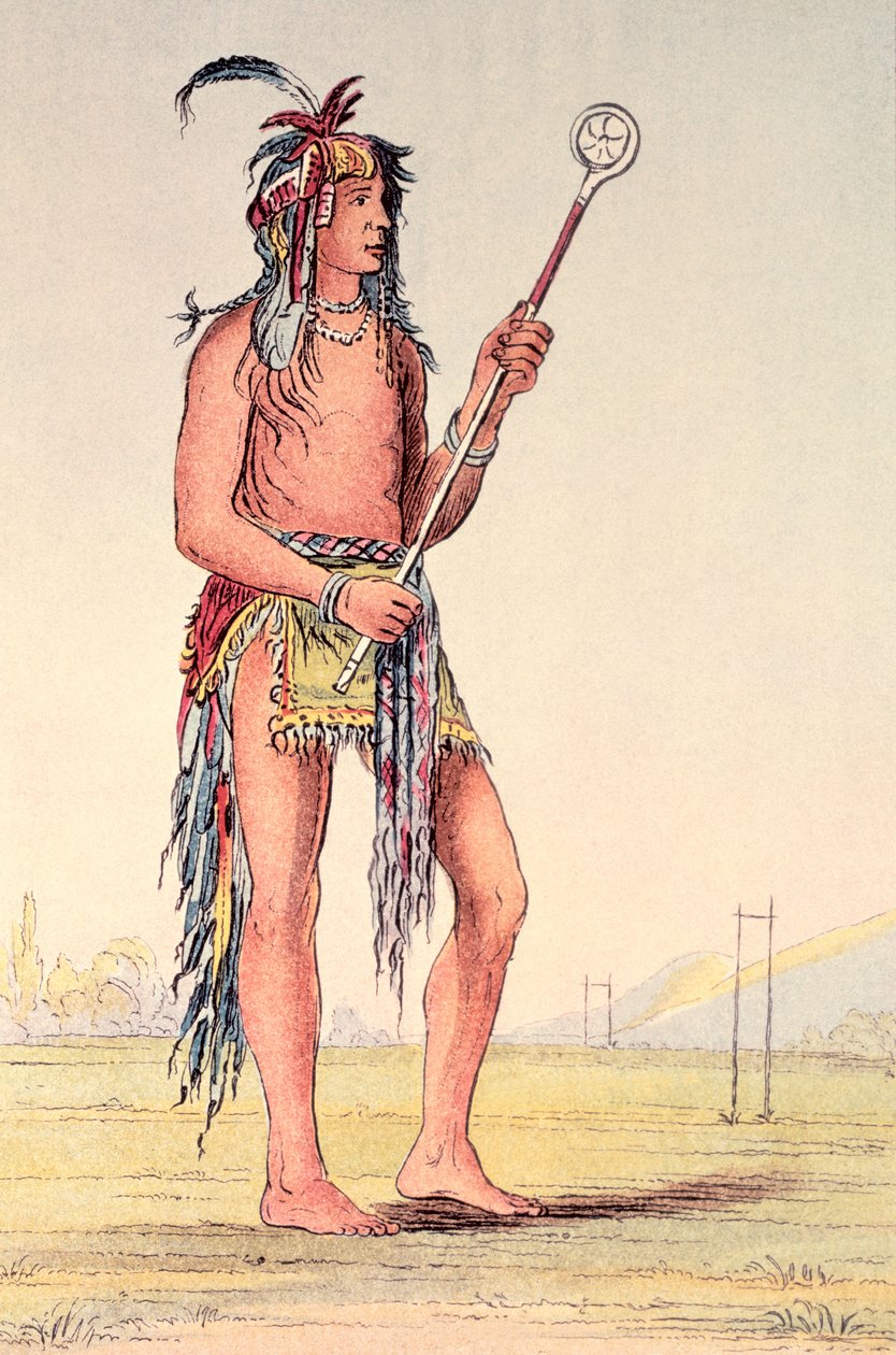 Piłkarz Sioux Ah-No-Je-Nange, „Ten, który stoi po obu stronach” (litografia ręcznie kolorowana) autorstwa George Catlin