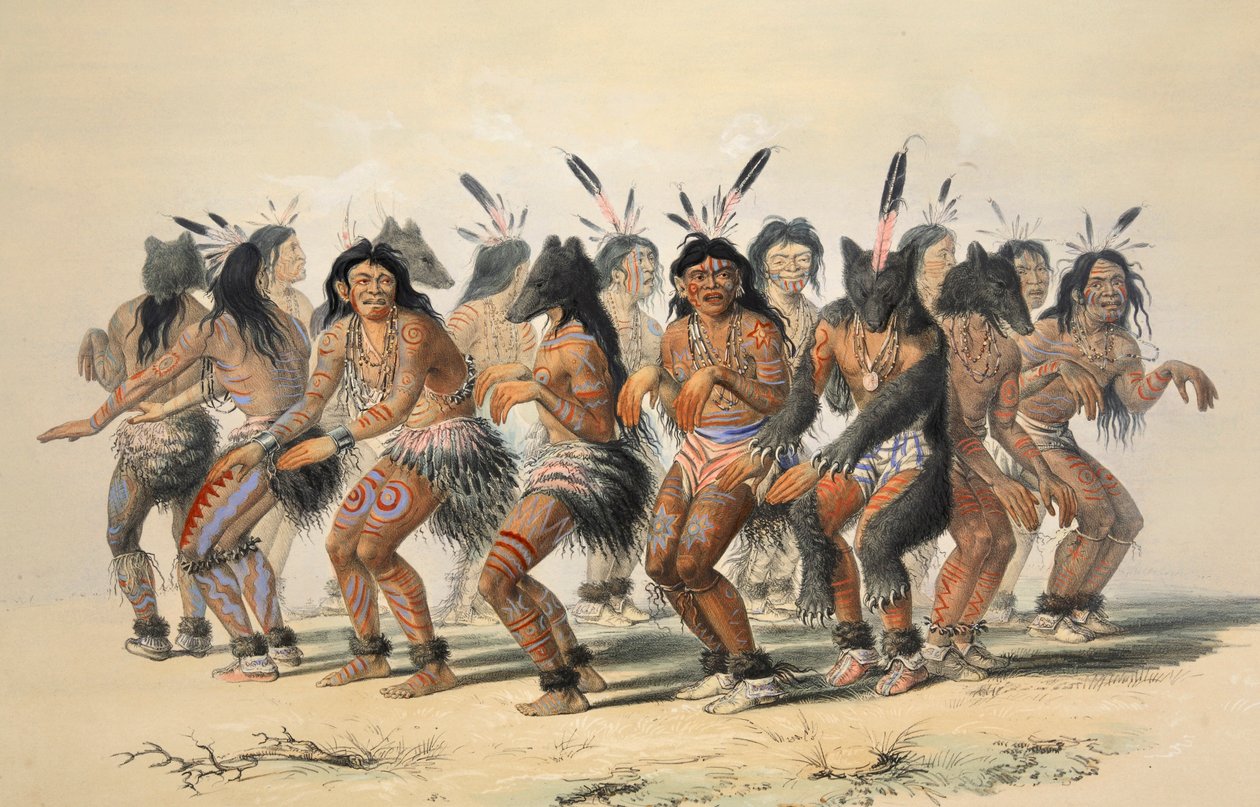 Szczegóły Tańca Niedźwiedzia, wyd. 1845 kolorowa litografia. autorstwa George Catlin