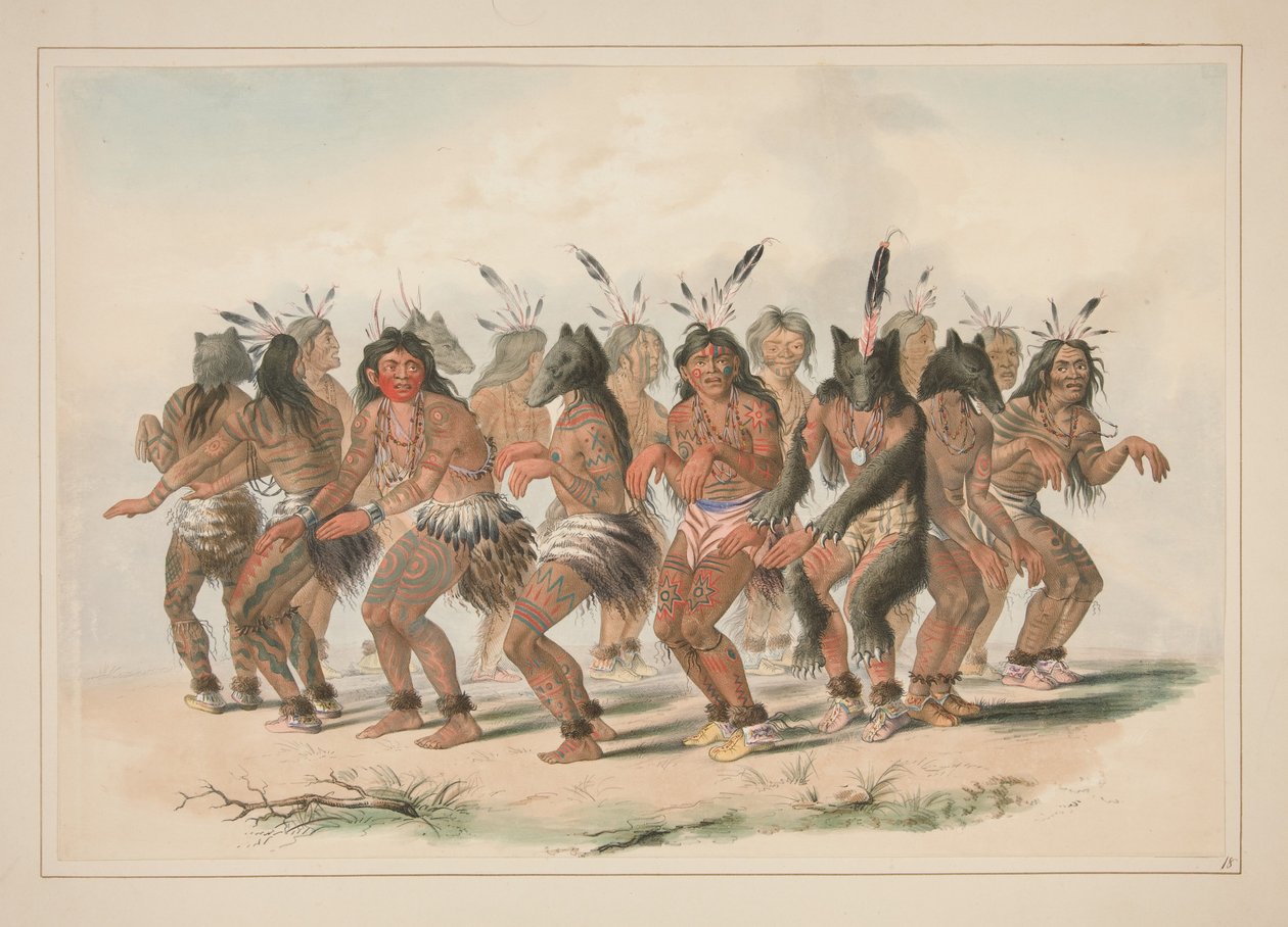 Taniec niedźwiedzia, tablica 18 z Portfolio Indian północnoamerykańskich autorstwa George Catlin