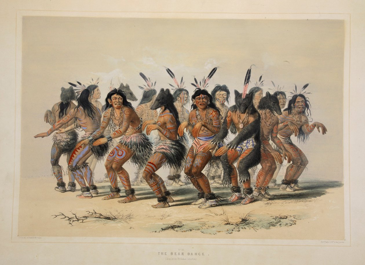 Taniec Niedźwiedzia, wyd. 1845 kolorowa litografia. autorstwa George Catlin