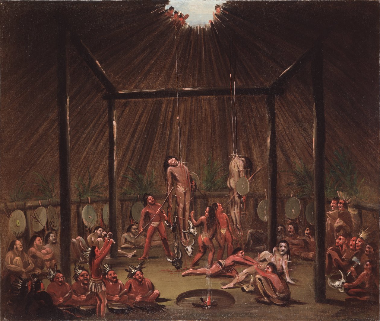 Scena cięcia, ceremonia Mandan O-kee-pa autorstwa George Catlin