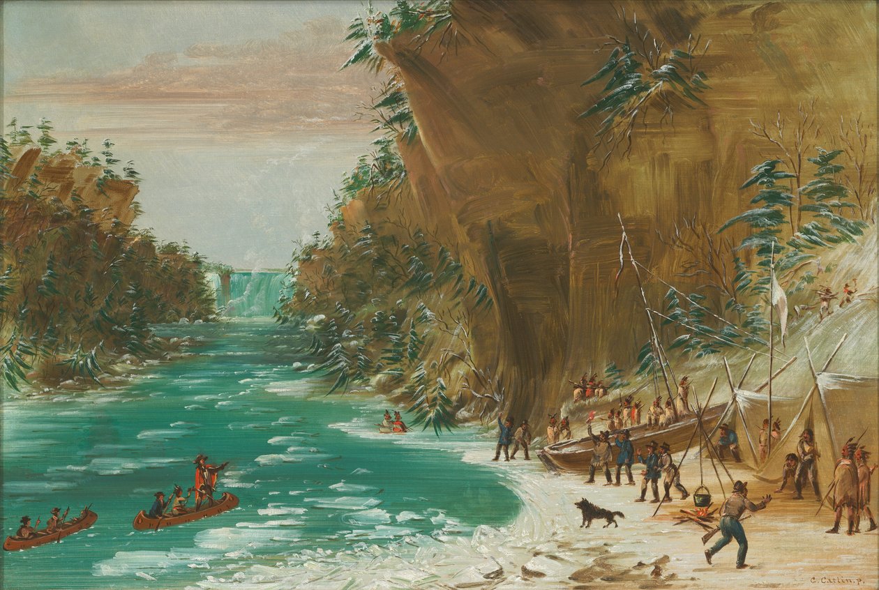 Ekspedycja rozbiła obóz pod wodospadem Niagara. 20 stycznia 1679, 18471848. autorstwa George Catlin