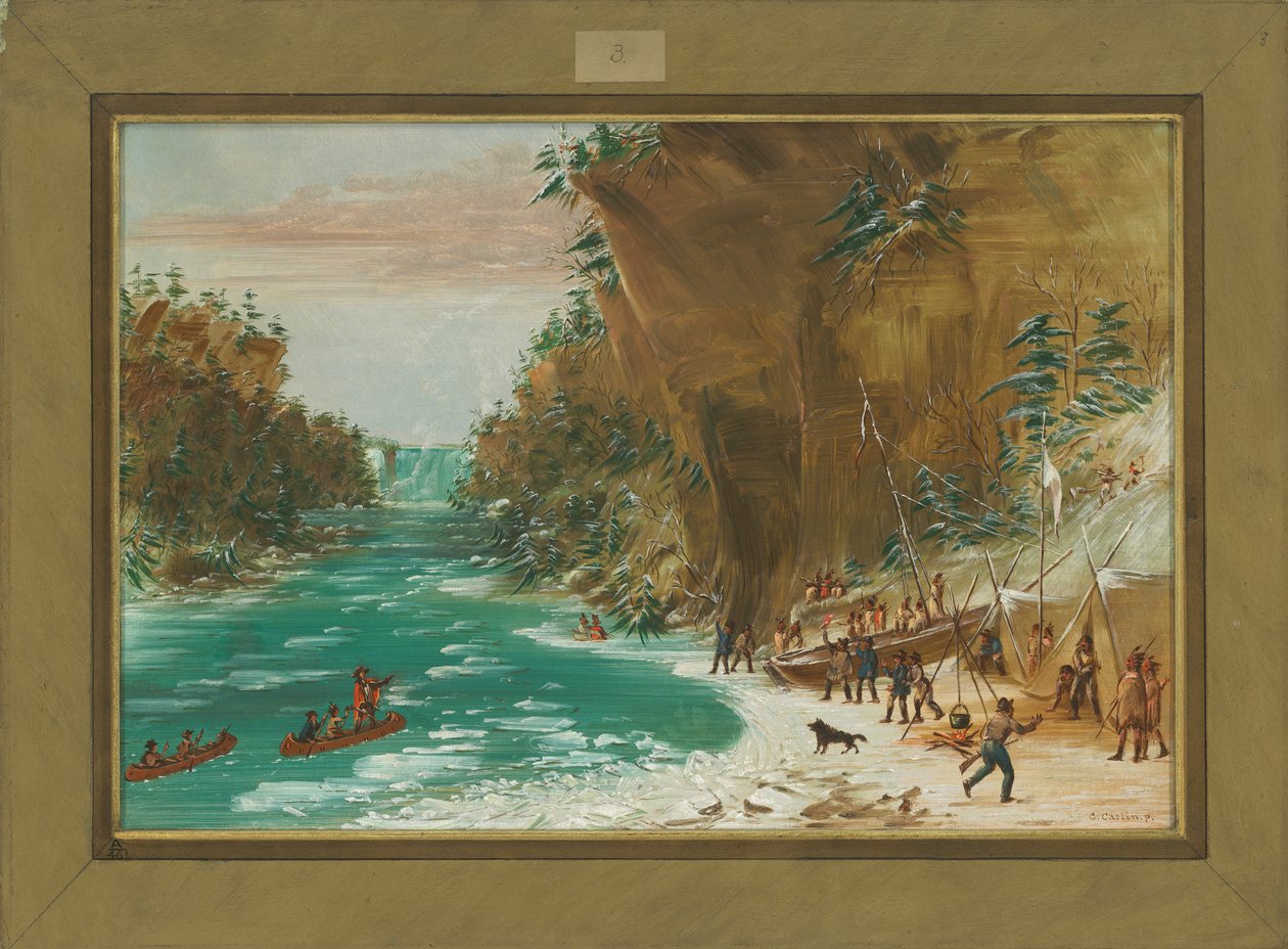 Ekspedycja obozowała pod wodospadem Niagara 20 stycznia 1679, 1847-48 autorstwa George Catlin