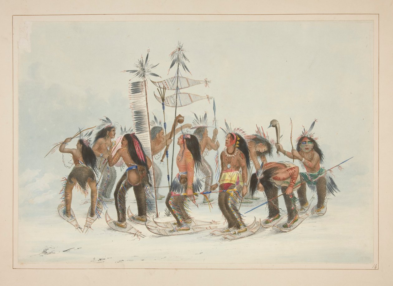 Taniec w rakietach śnieżnych, pl. 14 z portfolio Indian Ameryki Północnej autorstwa George Catlin