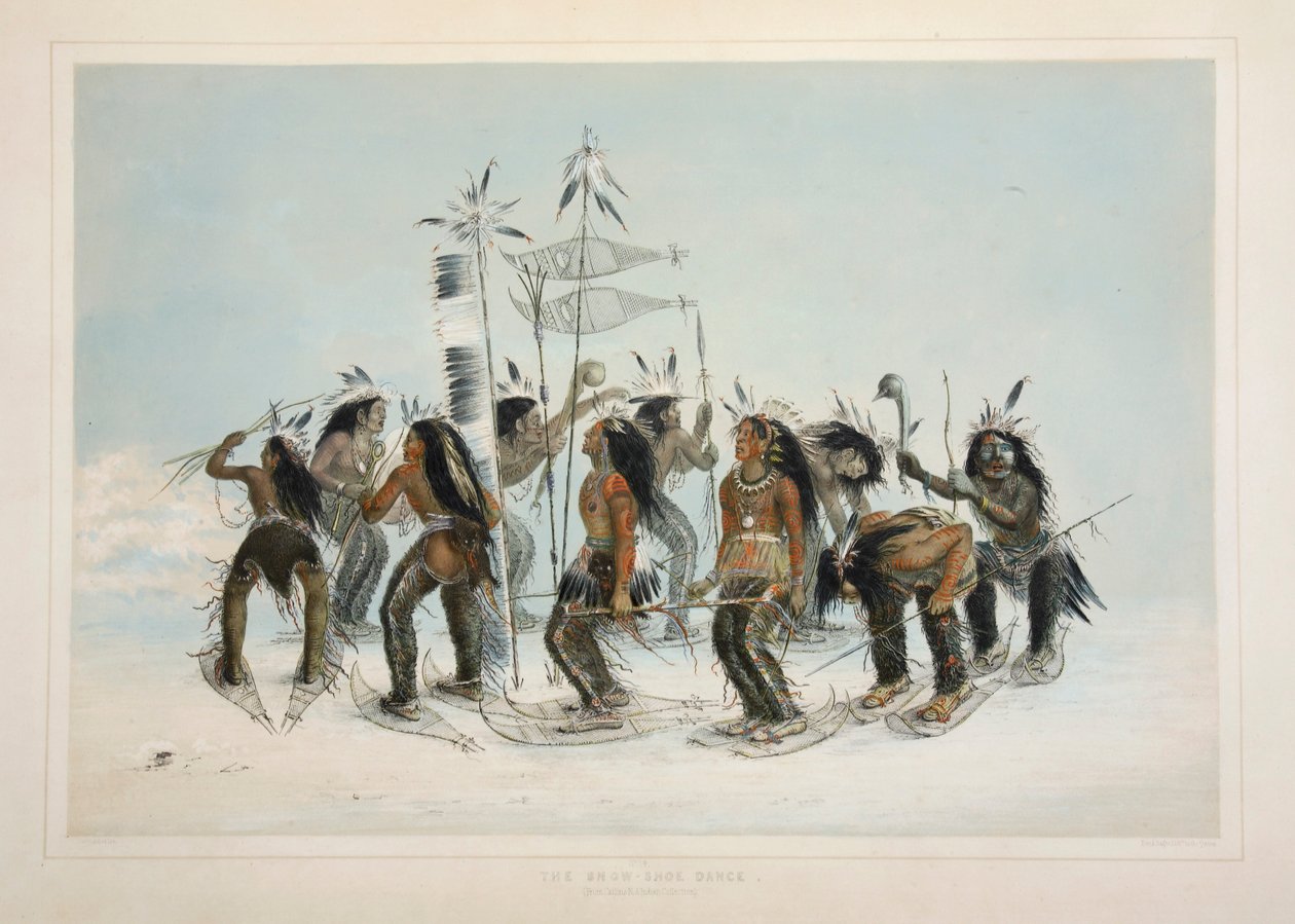 Taniec w butach śnieżnych, wyd. 1845 kolorowa litografia. autorstwa George Catlin