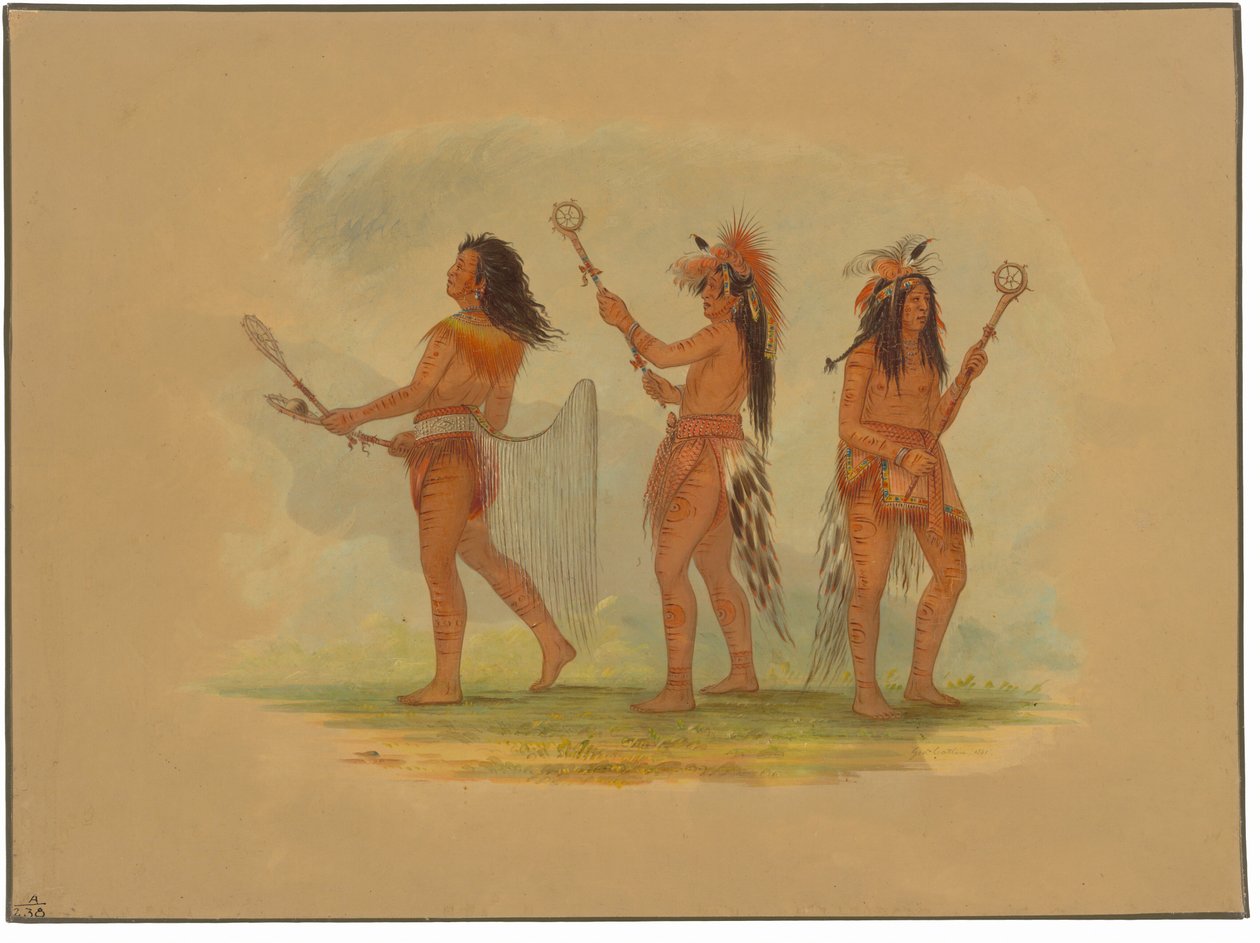 Trzech znanych piłkarzy - Choctaw, Sioux i Ojibbeway autorstwa George Catlin