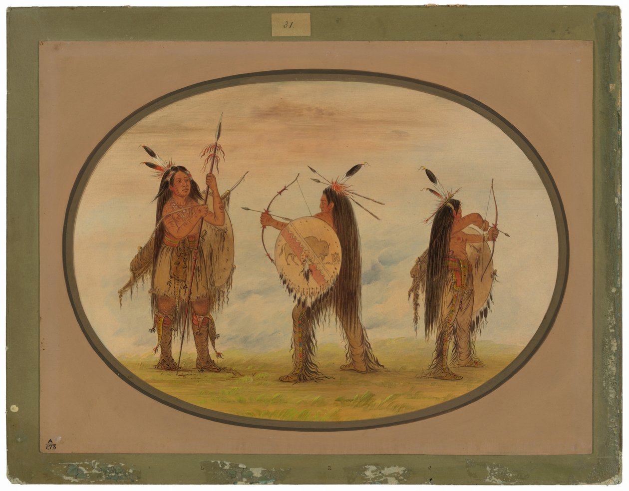 Trzech Mandan Warriors uzbrojonych do wojny autorstwa George Catlin
