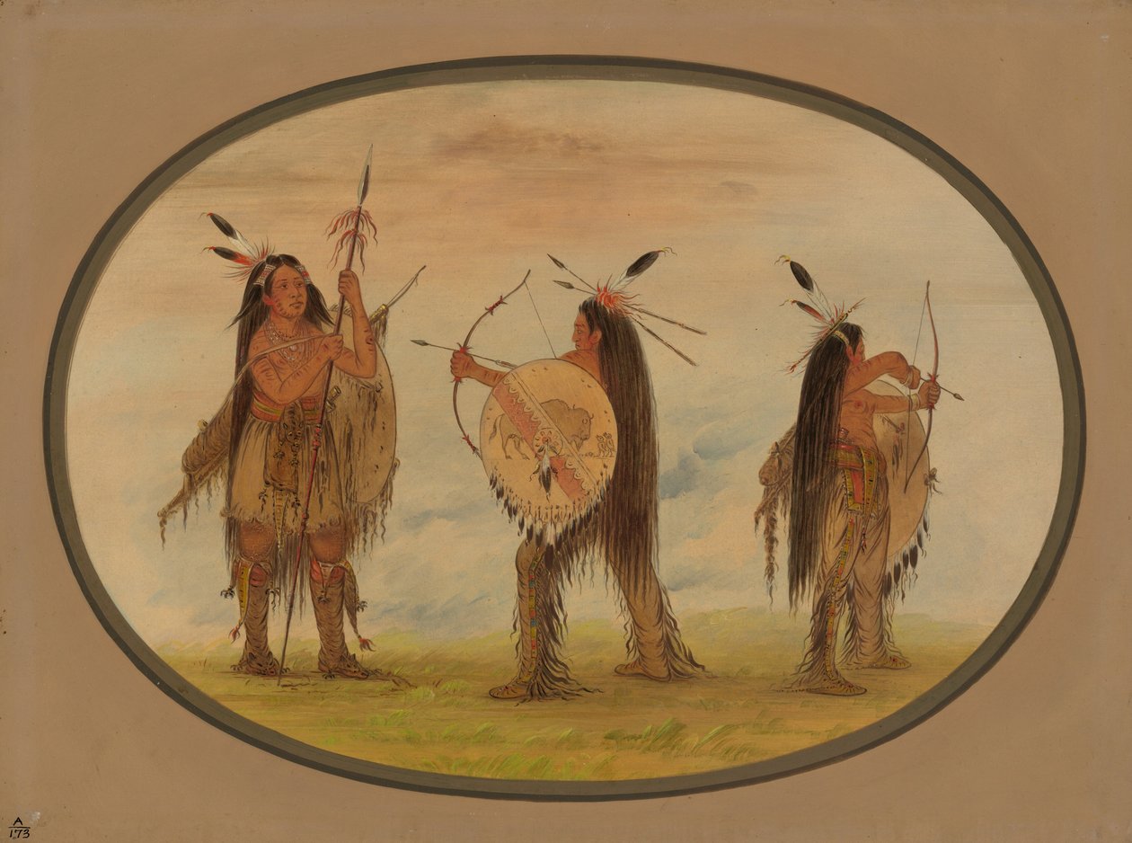 Trzech Mandan Warriors uzbrojeni do wojny, 18611869. autorstwa George Catlin
