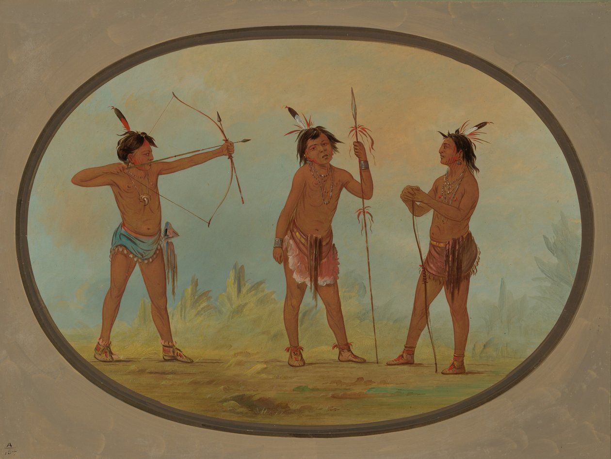 Trzej wojownicy szoszonów uzbrojeni do wojny, 18611869. autorstwa George Catlin