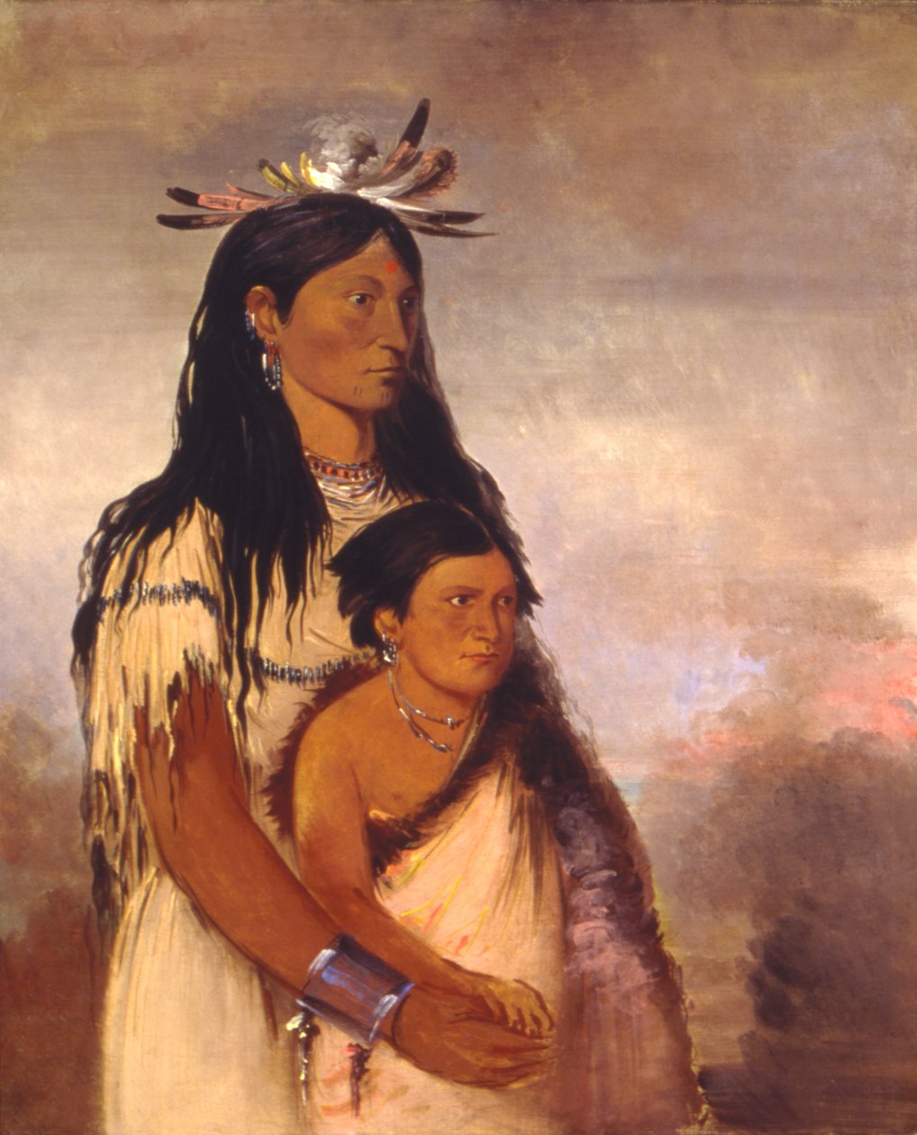 Túnk-aht-óh-ye, Gromowładny, chłopiec i Wun-pán-to-mee, Biała Łasica, dziewczynka. autorstwa George Catlin