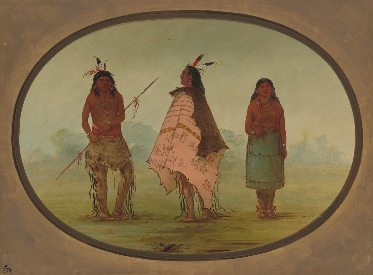 Dwóch wojowników Apaczów i kobieta, 18551869. autorstwa George Catlin