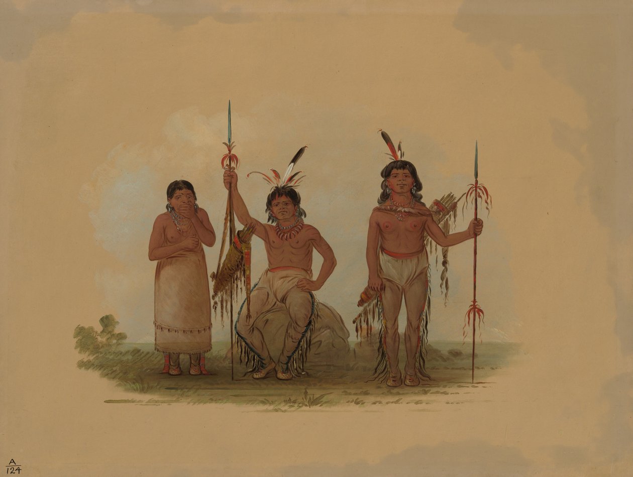 Dwaj wojownicy Arapaho i kobieta, 18611869. autorstwa George Catlin