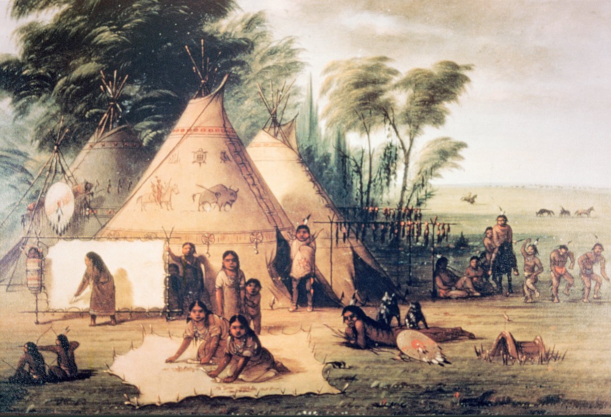 Wioska północnoamerykańskiego plemienia Siuksów (kolor lito) autorstwa George Catlin