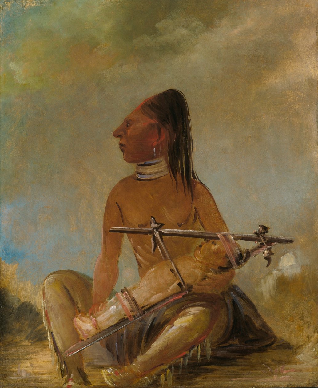 Kobieta i dziecko, pokazujące, jak głowy dzieci są spłaszczone autorstwa George Catlin