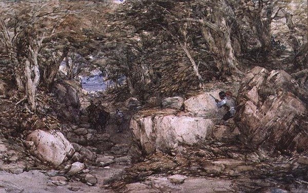 Forest Glen z podróżnikami zbliżającymi się do zasadzki autorstwa George Cattermole