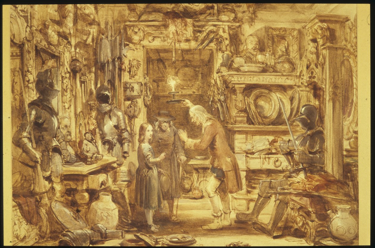 Stary sklep z osobliwościami Dom Little Nells Wnętrze starego sklepu z osobliwościami, 1840 (wc na papierze) autorstwa George Cattermole