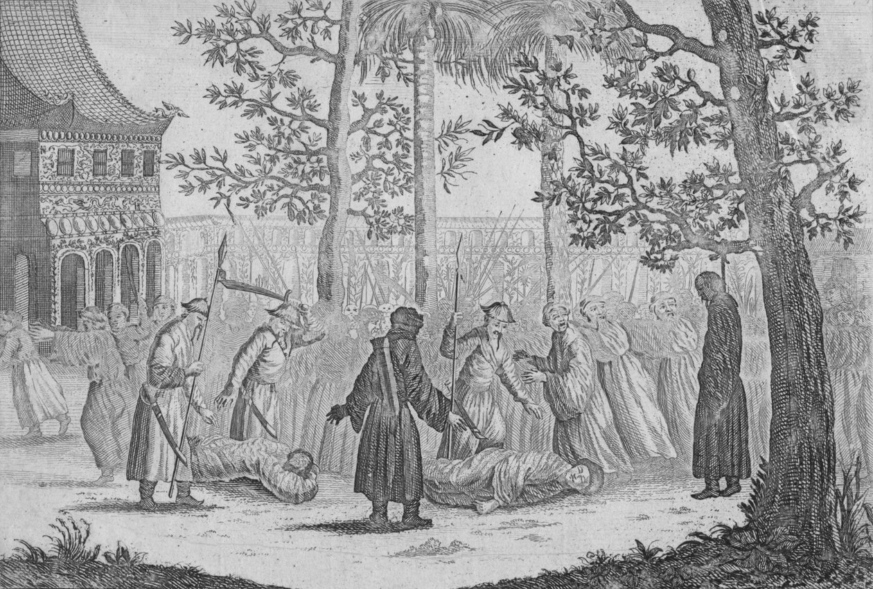 Śmierć ostatniego chińskiego cesarza Ming w 1644 z Nieuhof, 1745 autorstwa George Childs