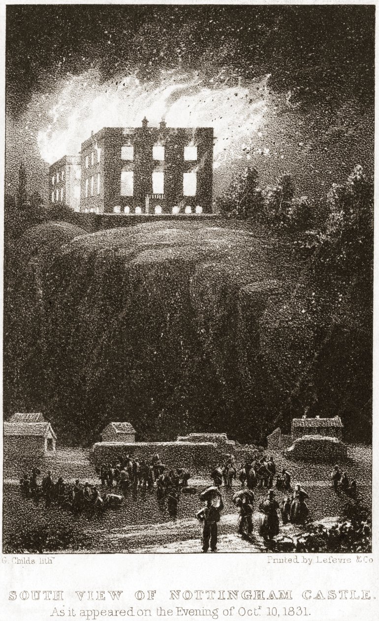 Zamek Nottingham w płomieniach, widok od południa, 1831 autorstwa George Childs