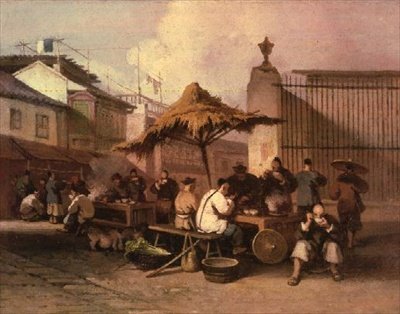 Grupa Chińczyków jedzących przed kościołem San Domingo autorstwa George Chinnery