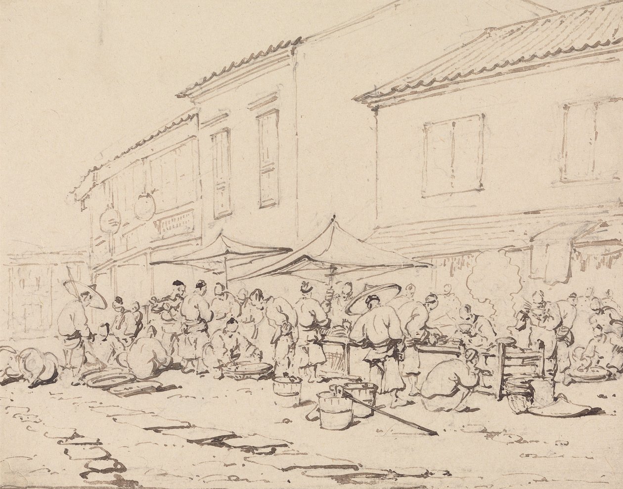 Plac targowy i tłum autorstwa George Chinnery