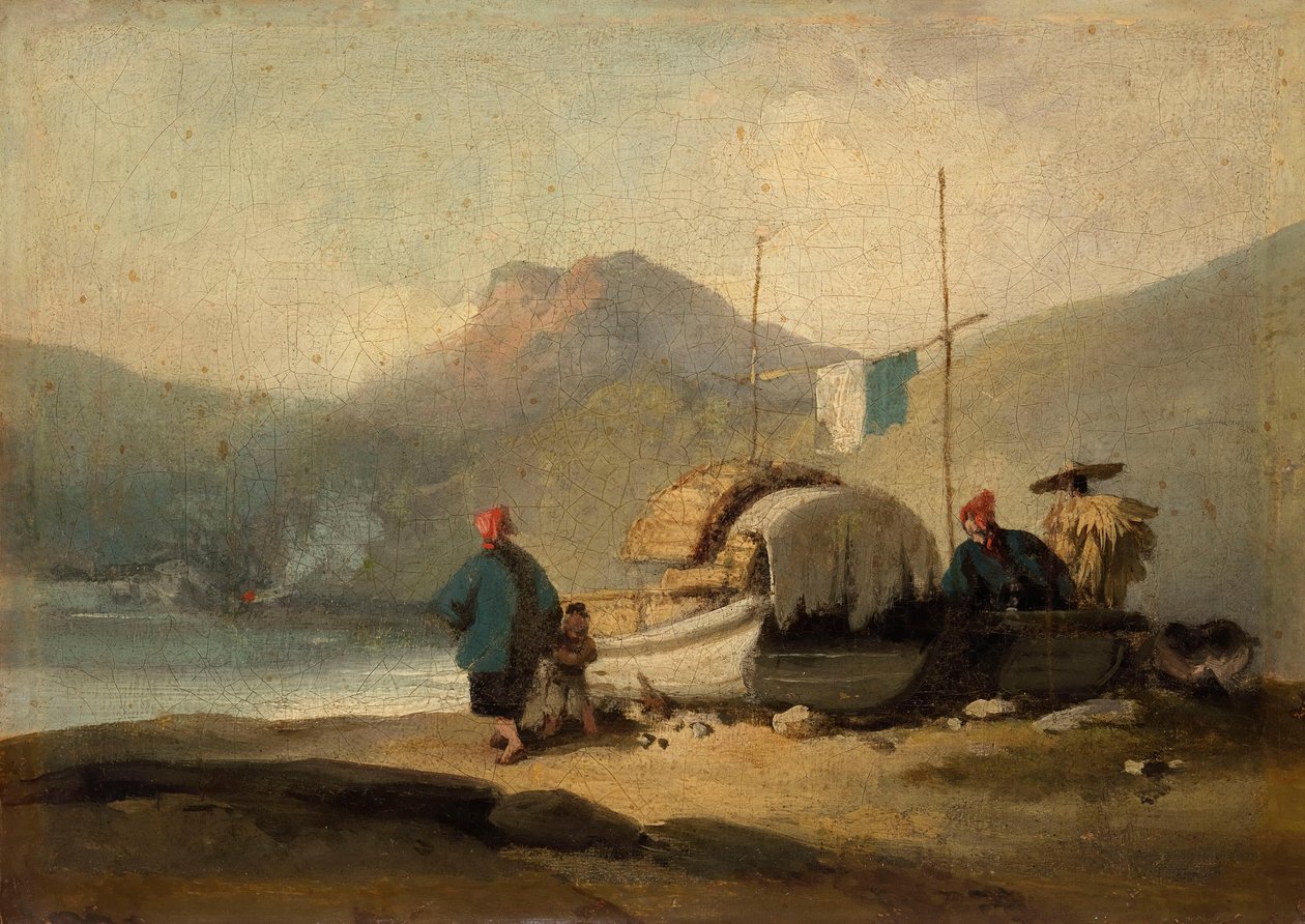 Scena chińska, łodzie nad jeziorem autorstwa George Chinnery