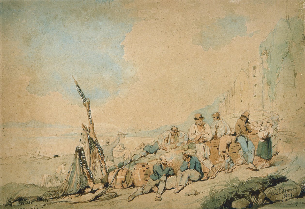 Scena wybrzeża z postaciami przy ścianie autorstwa George Chinnery
