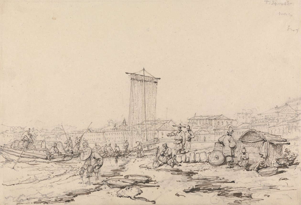 Brzegowa scena z rybakami i budynkami, Macao autorstwa George Chinnery