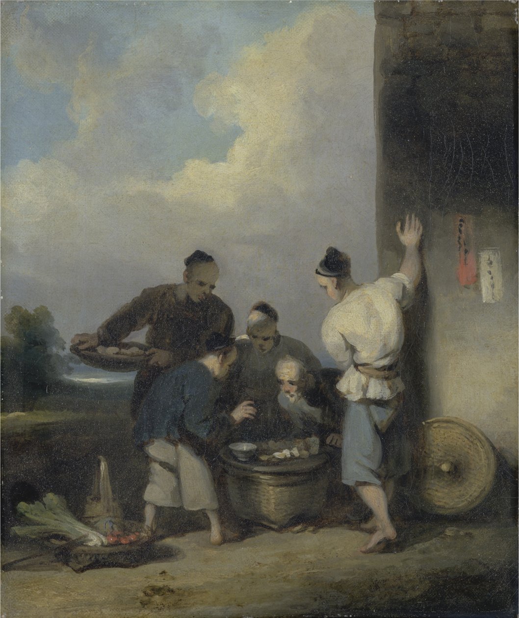 Kulisy wokół straganu z jedzeniem, po 1825 (olej na płótnie) autorstwa George Chinnery