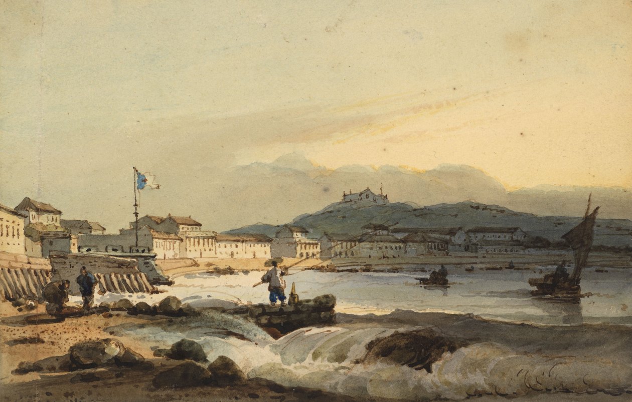 Praia Grande, Makao, od południa, z fortem św. Piotra po lewej stronie, 1830-1845 autorstwa George Chinnery