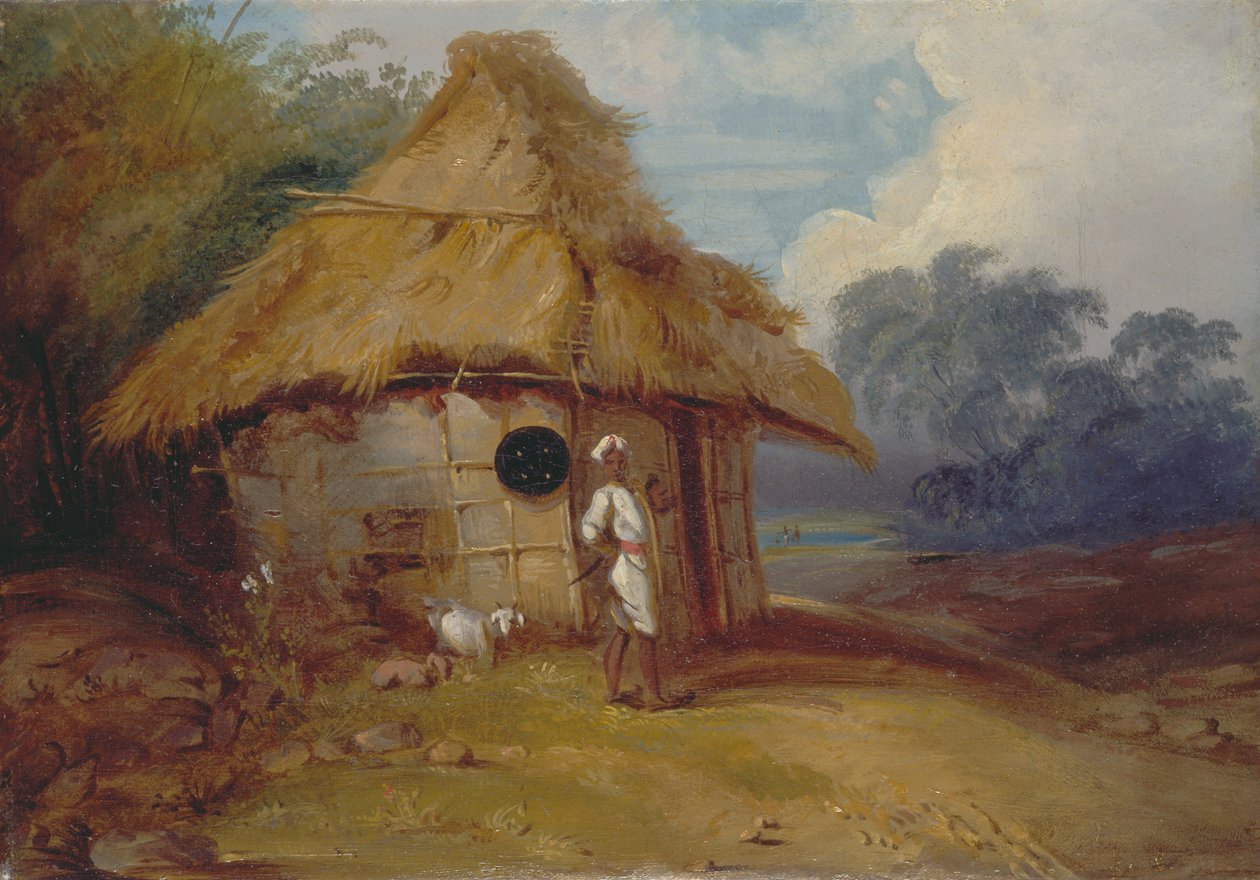 Widok w południowych Indiach, z wojownikiem przed jego chatą autorstwa George Chinnery