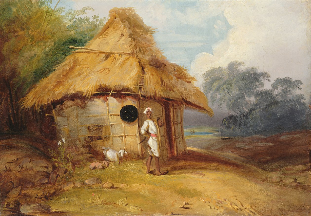 Widok w południowych Indiach, z wojownikiem na zewnątrz jego chaty, ok. 1815 r. autorstwa George Chinnery