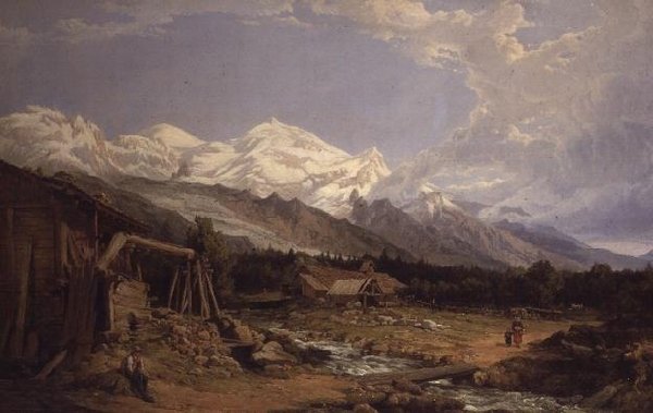 Alpejski krajobraz z postaciami nad górskim potokiem autorstwa George Clarkson Stanfield