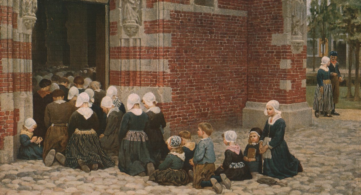 Msza w wiosce rybackiej na Zuyder Zee, Holandia, 1876, c1930. autorstwa George Clausen