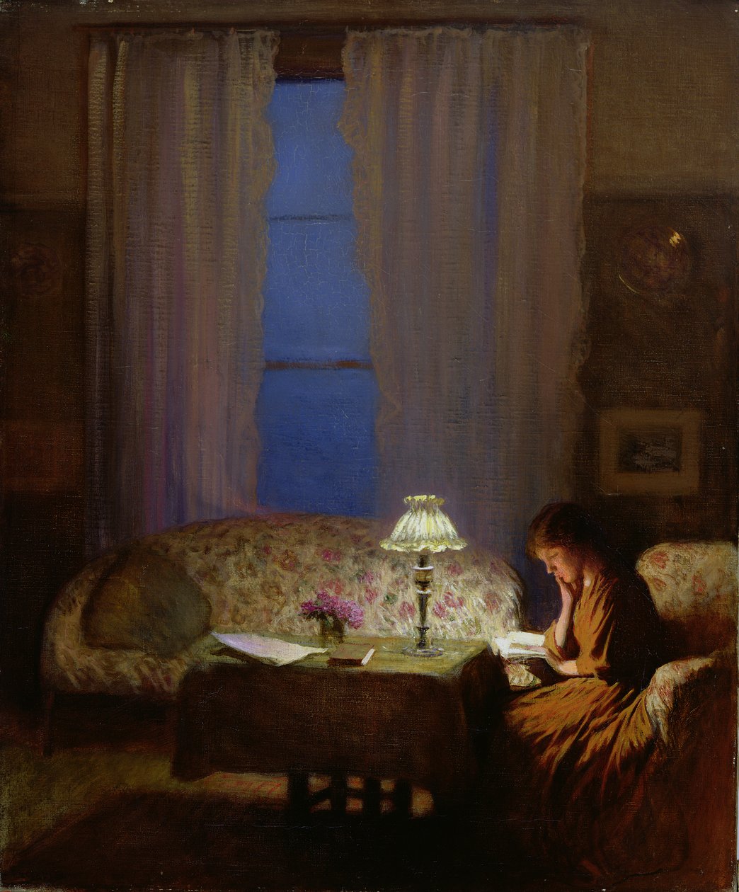 Czytanie przy Lamplight (Zmierzch: Wnętrze) (olej na płótnie) autorstwa George Clausen