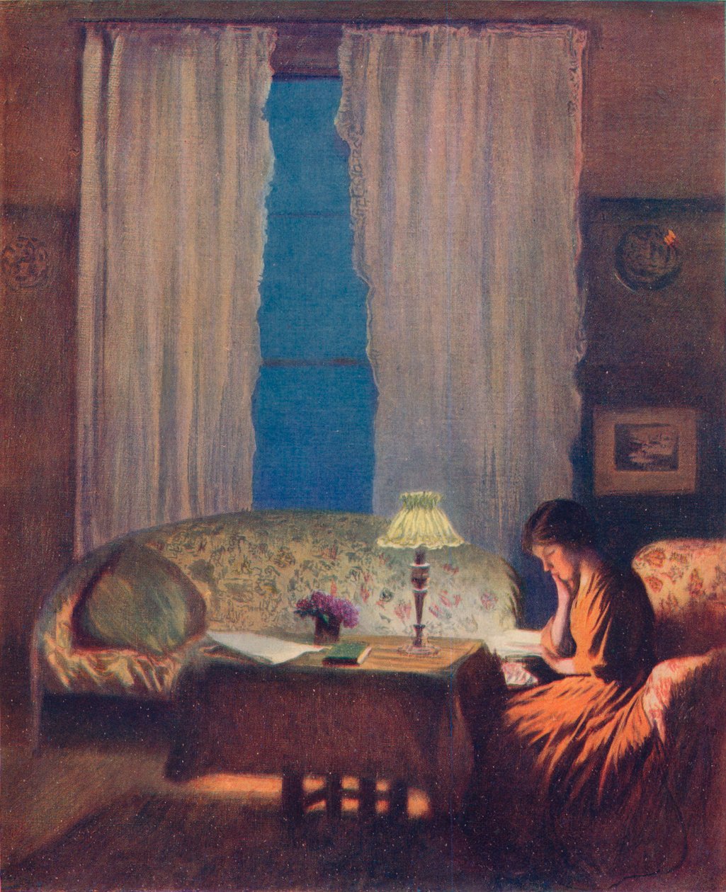 Czytanie przez Lamplight Twilight: Wnętrze, 1909 autorstwa George Clausen