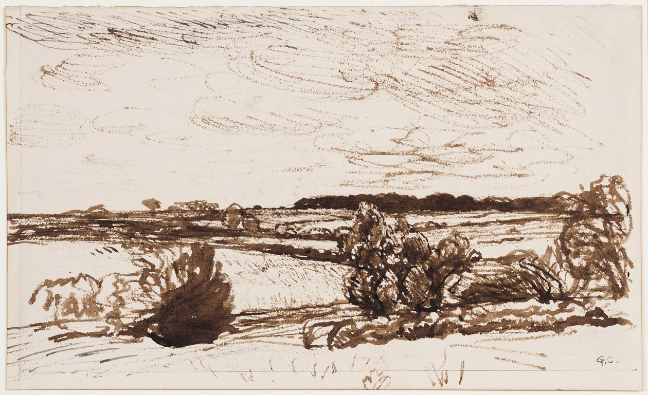 Wietrzny krajobraz (długopis, pędzel i sepia na papierze) autorstwa George Clausen