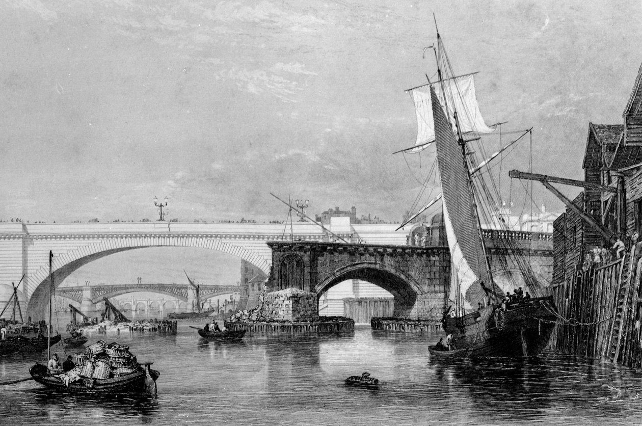 „Część starego i nowego londyńskiego mostu”, 1832 autorstwa George Cooke