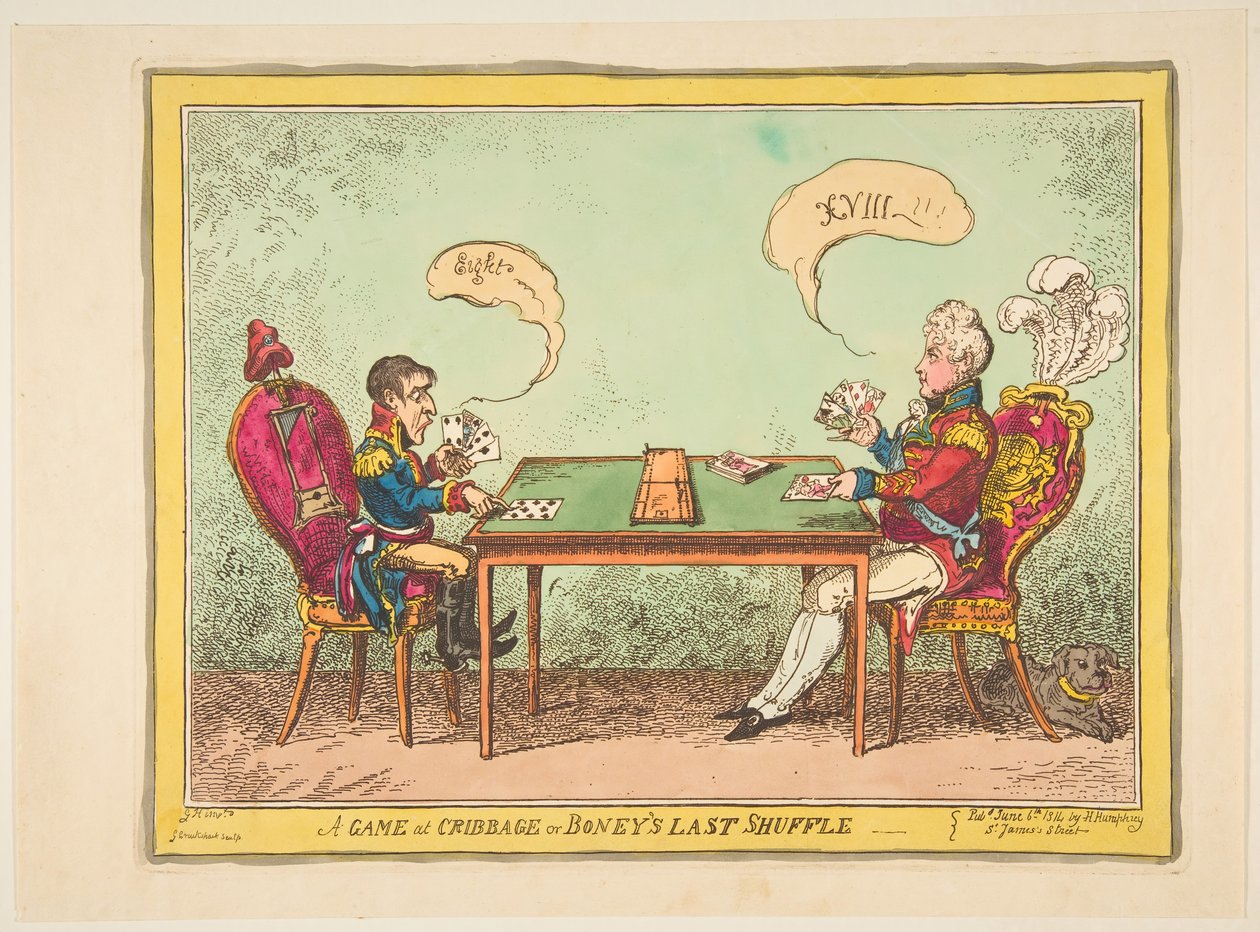 A Game of Cribbage lub Boneys Last Shuffle, 6 czerwca 1814. autorstwa George Cruikshank