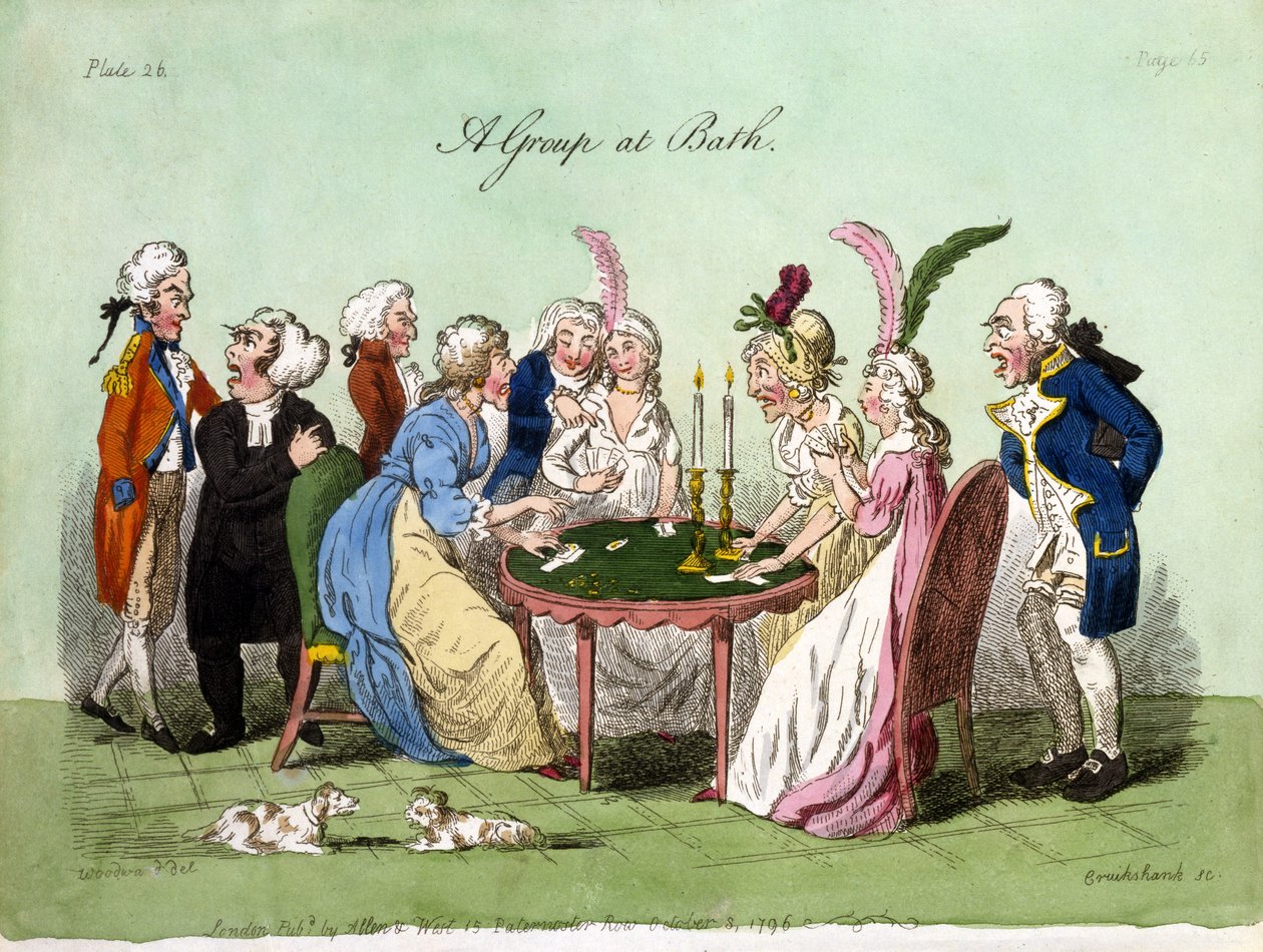 Grupa w Bath, 1796 (akwatinta ręcznie kolorowana) autorstwa George Cruikshank